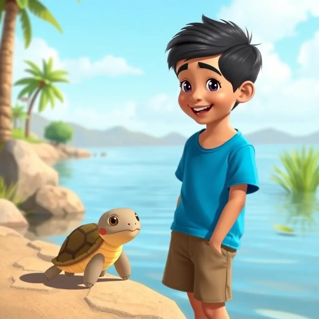 A young Arab boy, Sami, with short black hair wearing a blue t-shirt and brown shorts, happily talking to a cute little turtle named Lulu by the lake, vibrant colors, digital art, cheerful atmosphere, high quality