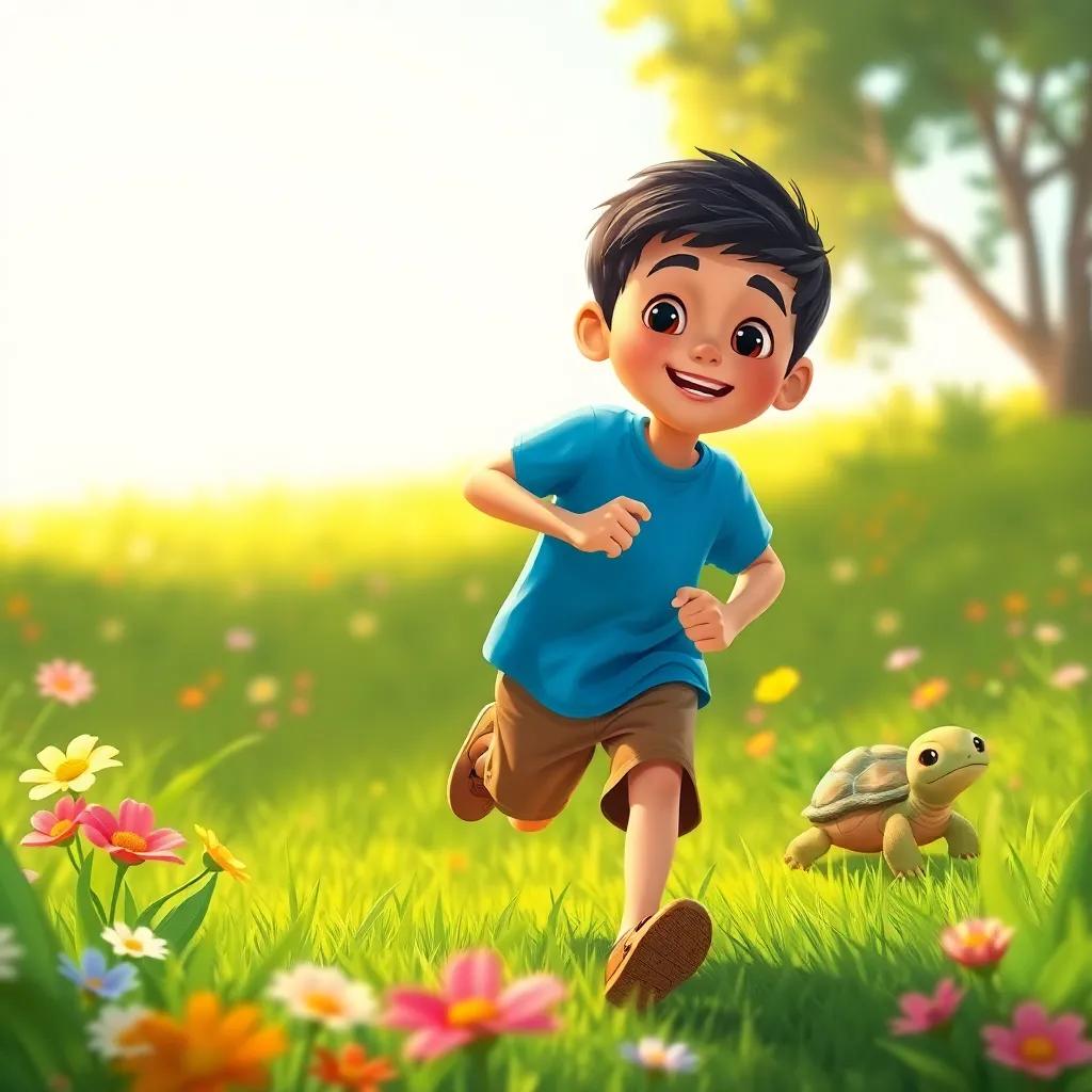 Sami, a young Arab boy with short black hair in a blue t-shirt and brown shorts, running in a green field while a small turtle, Lulu, slowly follows him, bright sunshine, colorful flowers around, child-friendly illustration, warm lighting, joyful scene