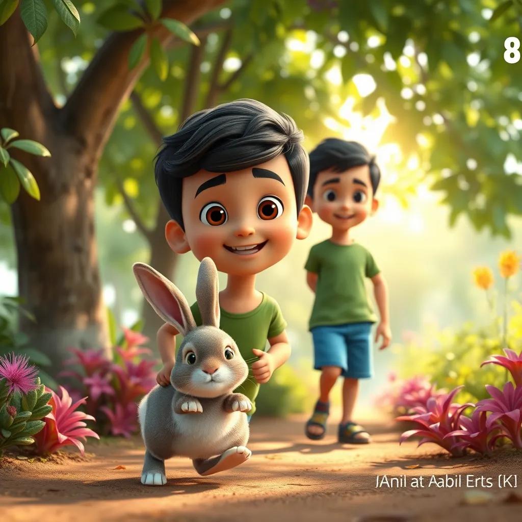 A cute little rabbit hopping in front of Sami, a young Arab boy with short black hair wearing a green t-shirt and blue shorts, surrounded by trees and colorful plants, bright sunlight shining through leaves, cheerful, friendly atmosphere, high quality