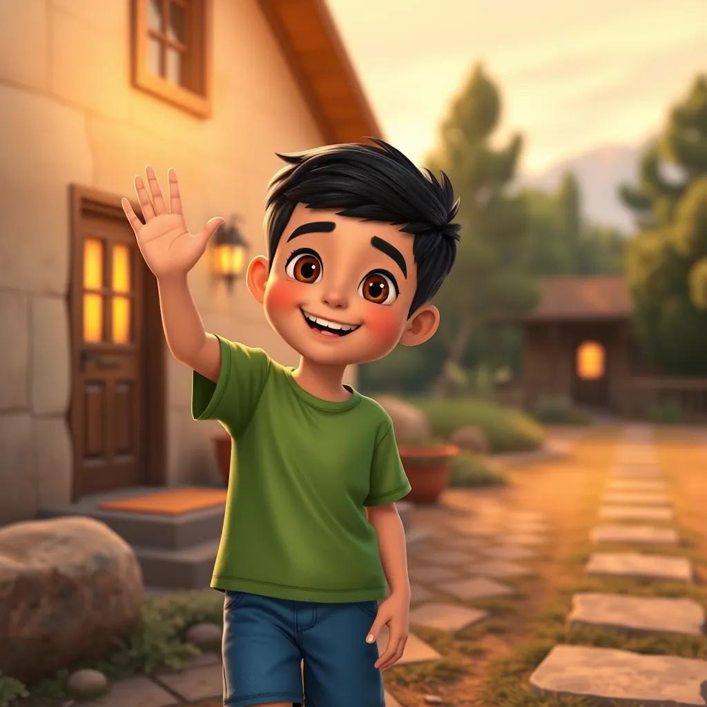 A young Arab boy, Sami, with short black hair, wearing a green t-shirt and blue shorts, waving happily in front of his house as he returns from the forest, warm sunset light, cozy atmosphere, family-friendly, high quality