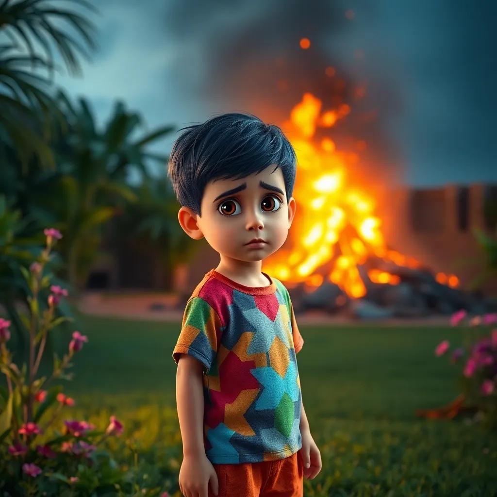 A small boy named Sami, a young Arab boy with short black hair, wearing a colorful t-shirt and shorts, standing in a garden looking at a big fire in the background with a worried expression, digital art, bright colors, dramatic atmosphere, high quality