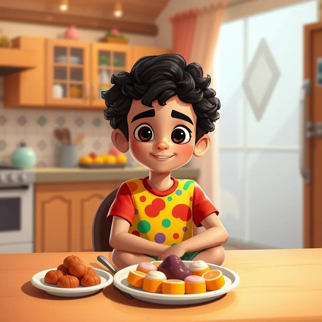 A young Arab boy, Rami, with curly dark hair, wearing a colorful t-shirt and shorts, sitting at the dining table with a plate of sweets, cheerful atmosphere, warm colors, cozy kitchen, digital art, cartoon style, child-friendly