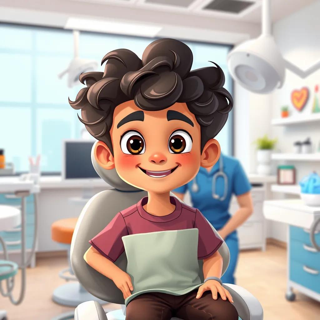 A young Arab boy, Rami, with curly dark hair, sitting on a dental chair with a dental assistant beside him, modern dental office, friendly atmosphere, colorful and inviting, cheerful tone, bright colors, cartoon art