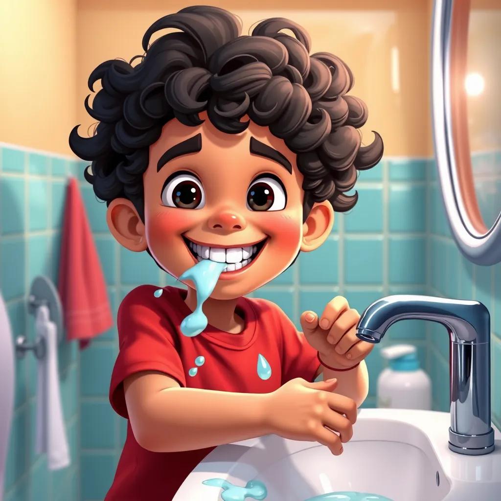 A young Arab boy, Rami, with curly dark hair, washing his teeth at a sink, looking happy and enthusiastic, colorful bathroom, bright lighting, cheerful expression, digital illustration