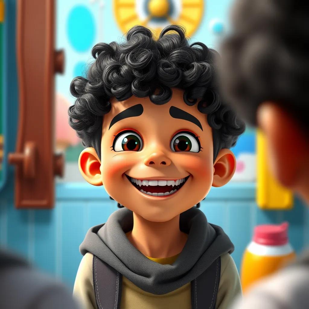 A young Arab boy, Rami, with curly dark hair, smiling widely with clean teeth in front of a mirror, colorful surroundings, bright and joyful, colorful, child-friendly style, high quality