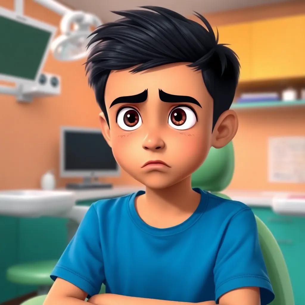 A young Arabic boy, Sami, with short black hair wearing a blue t-shirt, sitting nervously in a dental office with a worried expression, bright and cheerful colors, digital art, warm atmosphere, high quality
