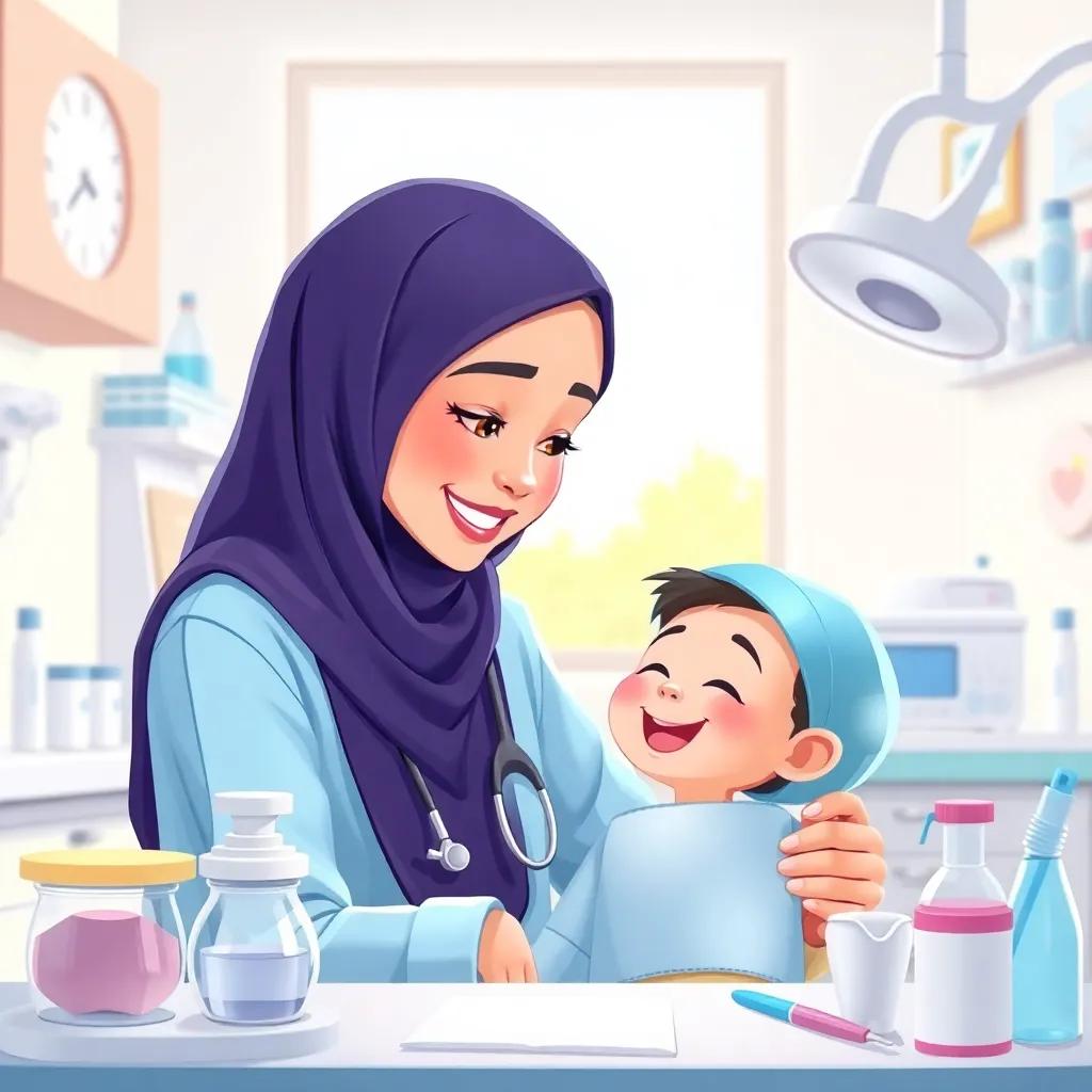 A kind and beautiful female dentist, wearing a hijab, gently comforting Sami, supplies and dental tools around, colorful illustrations, inviting light, friendly environment, high quality