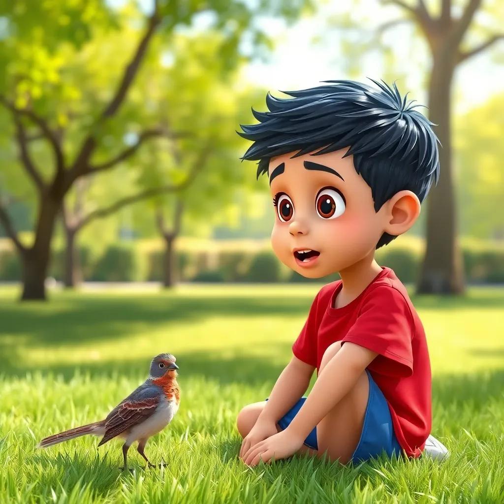 A young Arabic boy, Sami, with short black hair, wearing a bright red t-shirt and blue shorts, kneeling on the green grass in a sunny park, looking surprised at an injured bird, vibrant colors, cheerful atmosphere, high quality