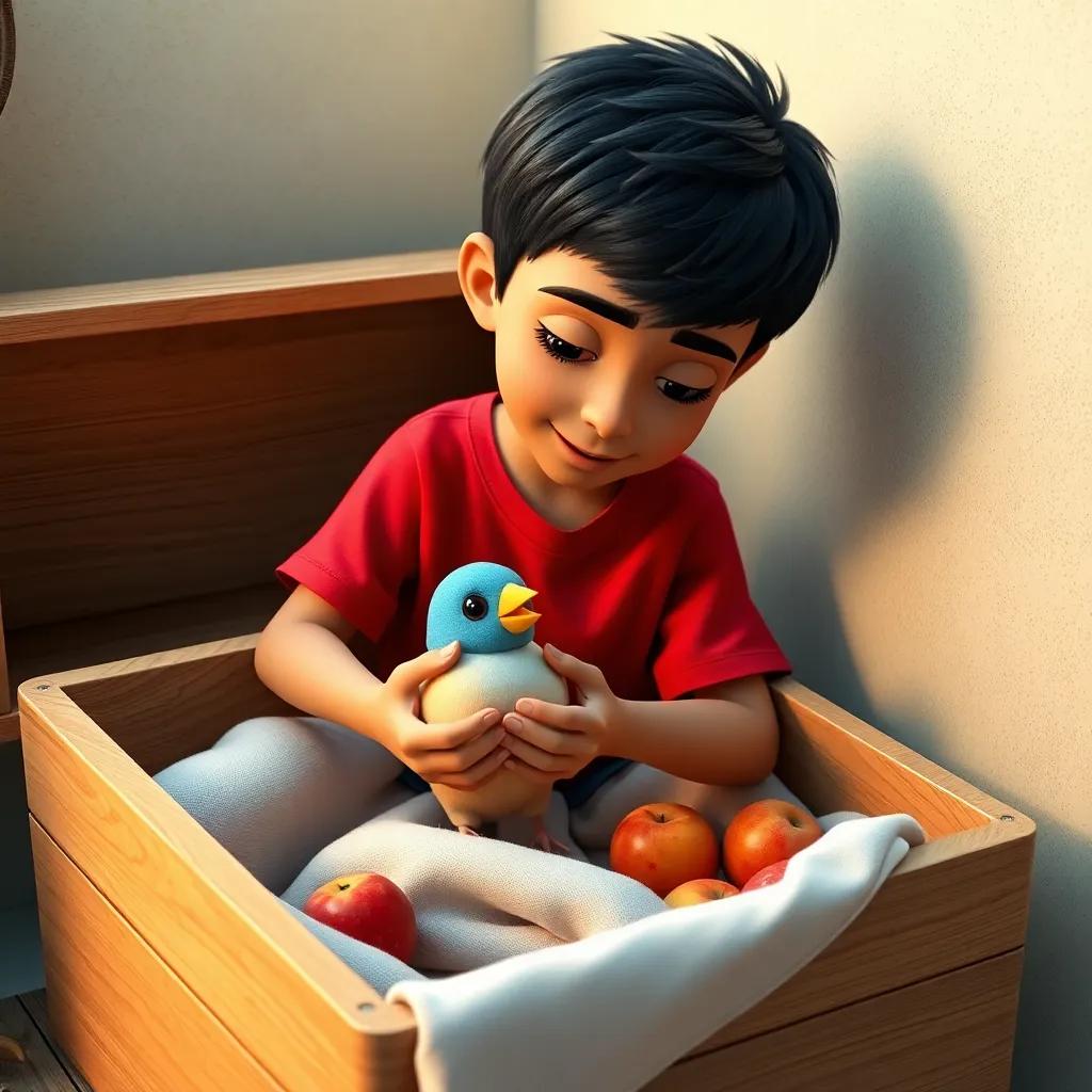 A young Arabic boy, Sami, with short black hair, wearing a bright red t-shirt and blue shorts, gently placing an injured bird in a cozy box with soft cloth and fresh fruit inside, warm light, comforting ambiance, storytelling scene, high quality