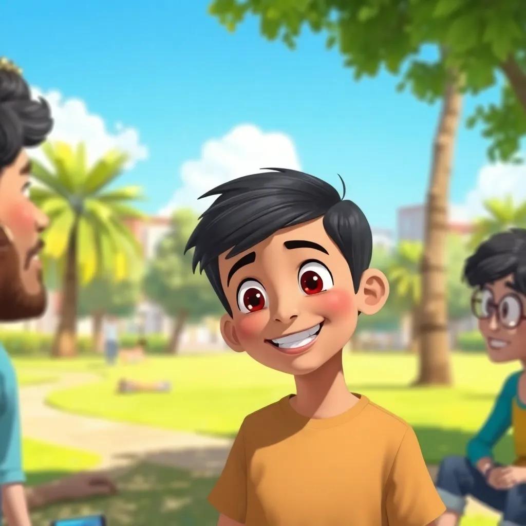 A young Arab boy, Sami, with short black hair and bright eyes, smiling as he talks to his friends in a sunny park, vibrant colors, cheerful atmosphere, illustration