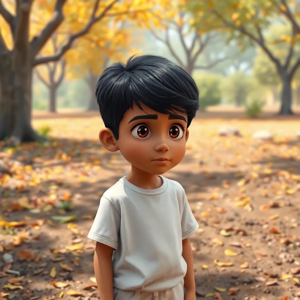 Sami, a young Arab boy, with short black hair, wearing a clean white t-shirt and shorts, looking at a messy park filled with leaves and dirt, determined expression, colorful landscape