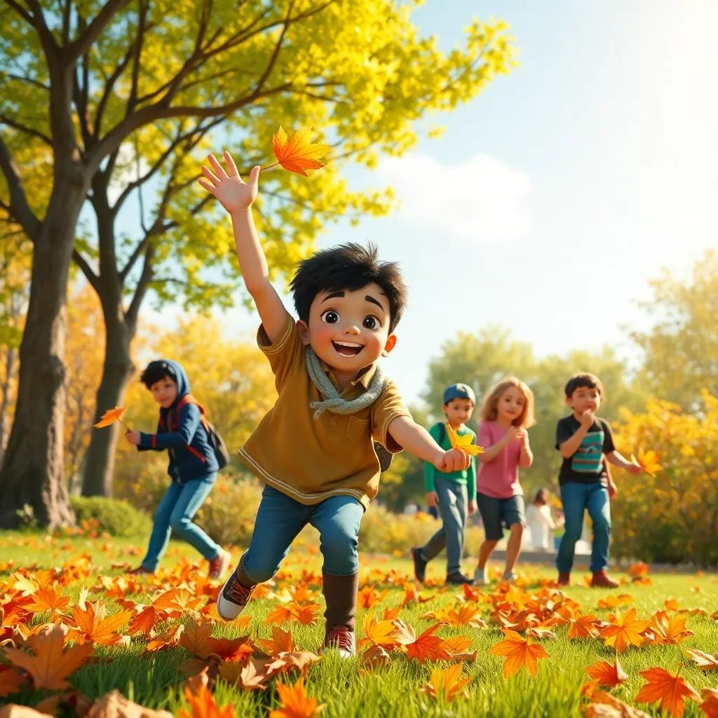 Sami, a young Arab boy, energetically picking up leaves with his friends in a sunny park, teamwork spirit, lively scene, bright colors