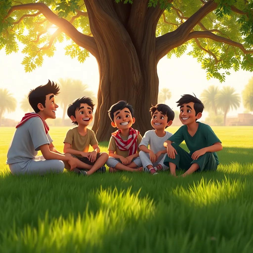 Sami, a young Arab boy, sitting on the grass taking a short break with his friends, all laughing under a big tree, warm sunlight, relaxed atmosphere
