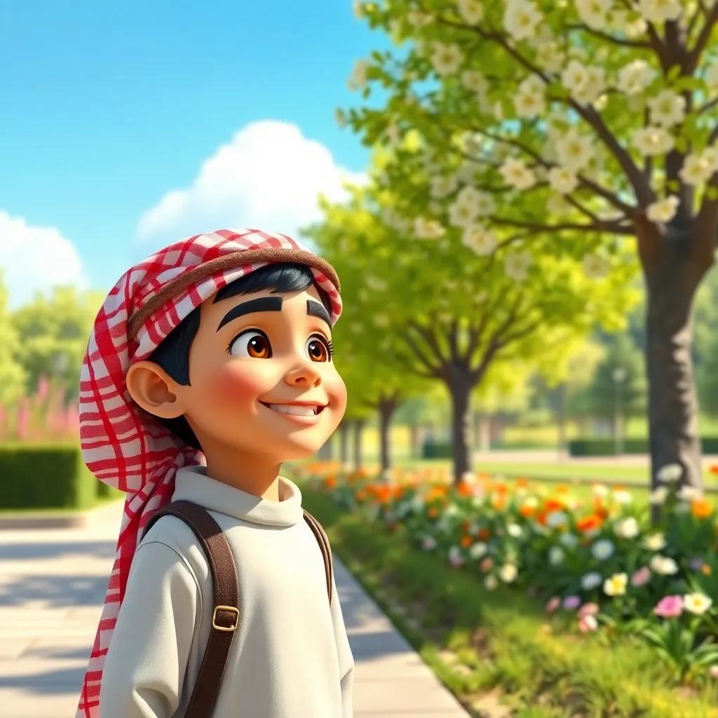 Sami, a young Arab boy, proudly looking at the clean park, with trees and flowers blooming, joyful expression, bright colors, beautiful day