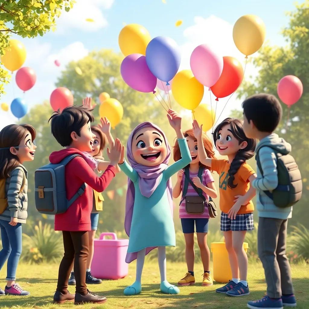 All friends, including Sami, cheering and high-fiving each other as they celebrate their clean park, colorful balloons and smiles, festive ambiance