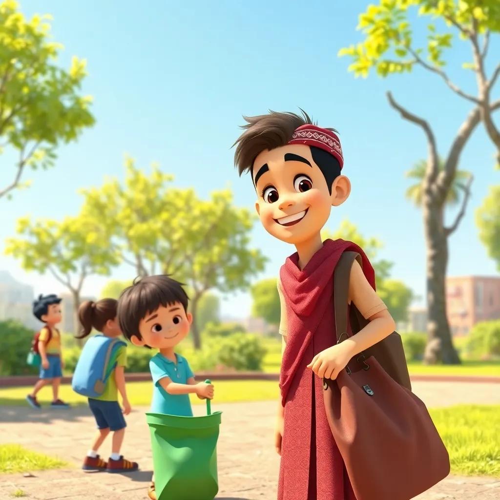 Sami, a young Arab boy, happily inviting other children to join their park clean-up, friendly approach, bright sunny day
