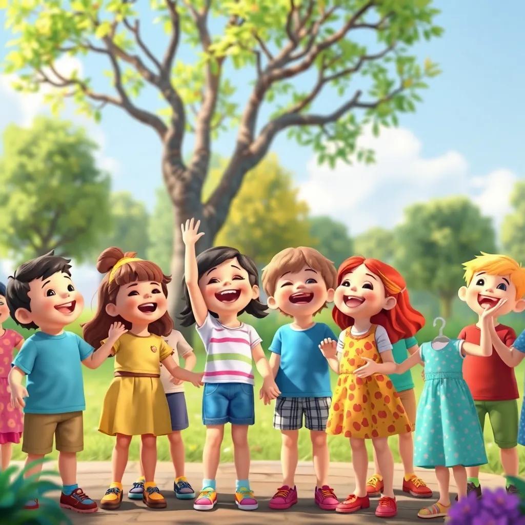 All children singing together, holding hands as they sing about cleanliness, joyful energy, colorful surroundings in the park