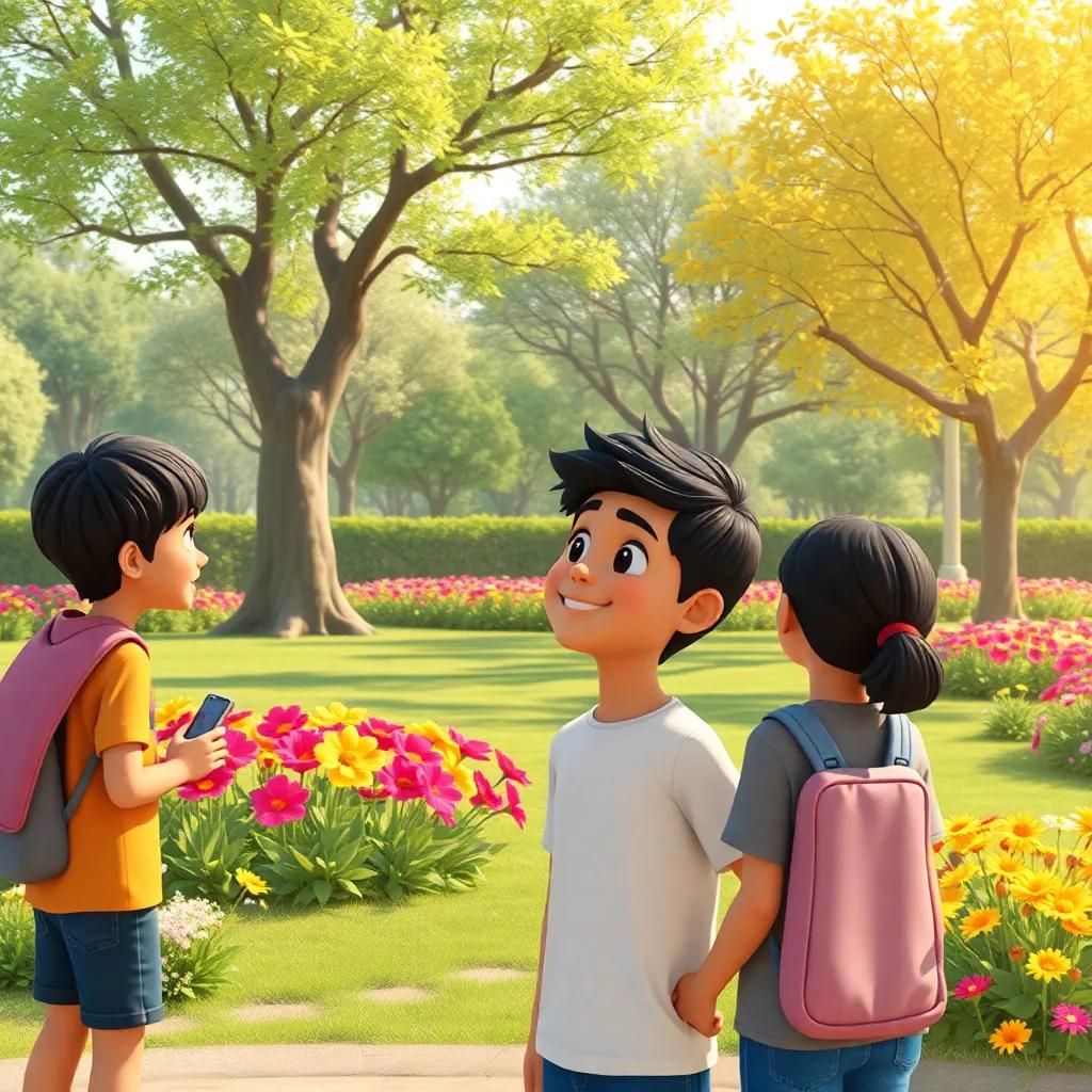 Sami, a young Arab boy, standing with his friends, admiring the clean park filled with beautiful flowers and trees, expressions of pride and happiness