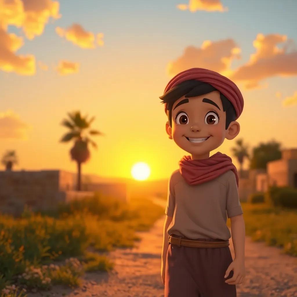 Sami, a young Arab boy, walking home with a satisfied smile on his face, the sun setting behind him, warm colors, peaceful feeling