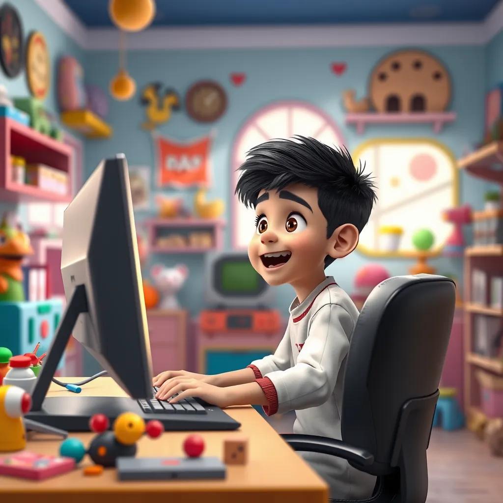 A young Arab boy, Ali, with short black hair, sitting at a desk with a computer, excitedly looking at the screen, colorful room filled with toys, digital art, cheerful atmosphere, bright colors, inviting perspective, high quality