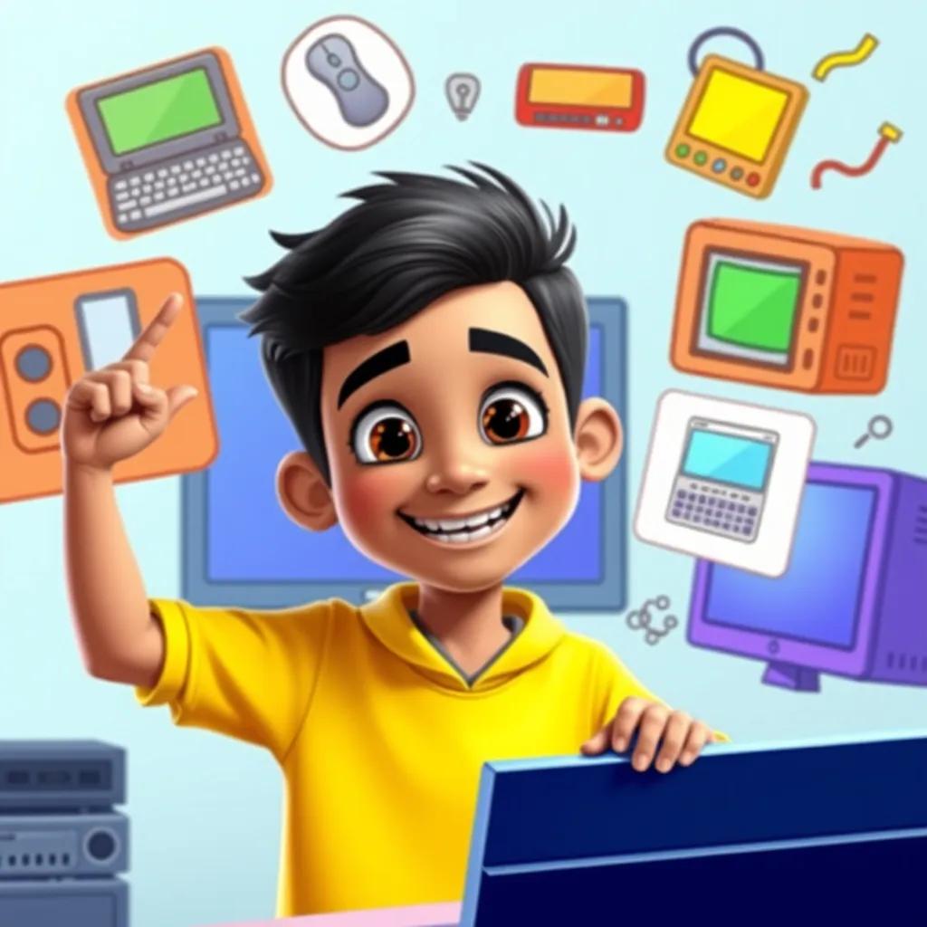 Ali, a young Arab boy with short black hair, pointing to the computer parts like keyboard, mouse, and screen, surrounded by colorful drawings of computer components, playful and informative, vibrant colors, friendly atmosphere