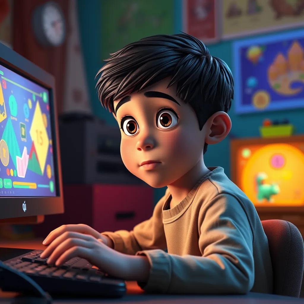 Ali, a young Arab boy with short black hair, playing an educational game on the computer, focused expression with bright monitor lighting, colorful surroundings, digital art, engaging and exciting,