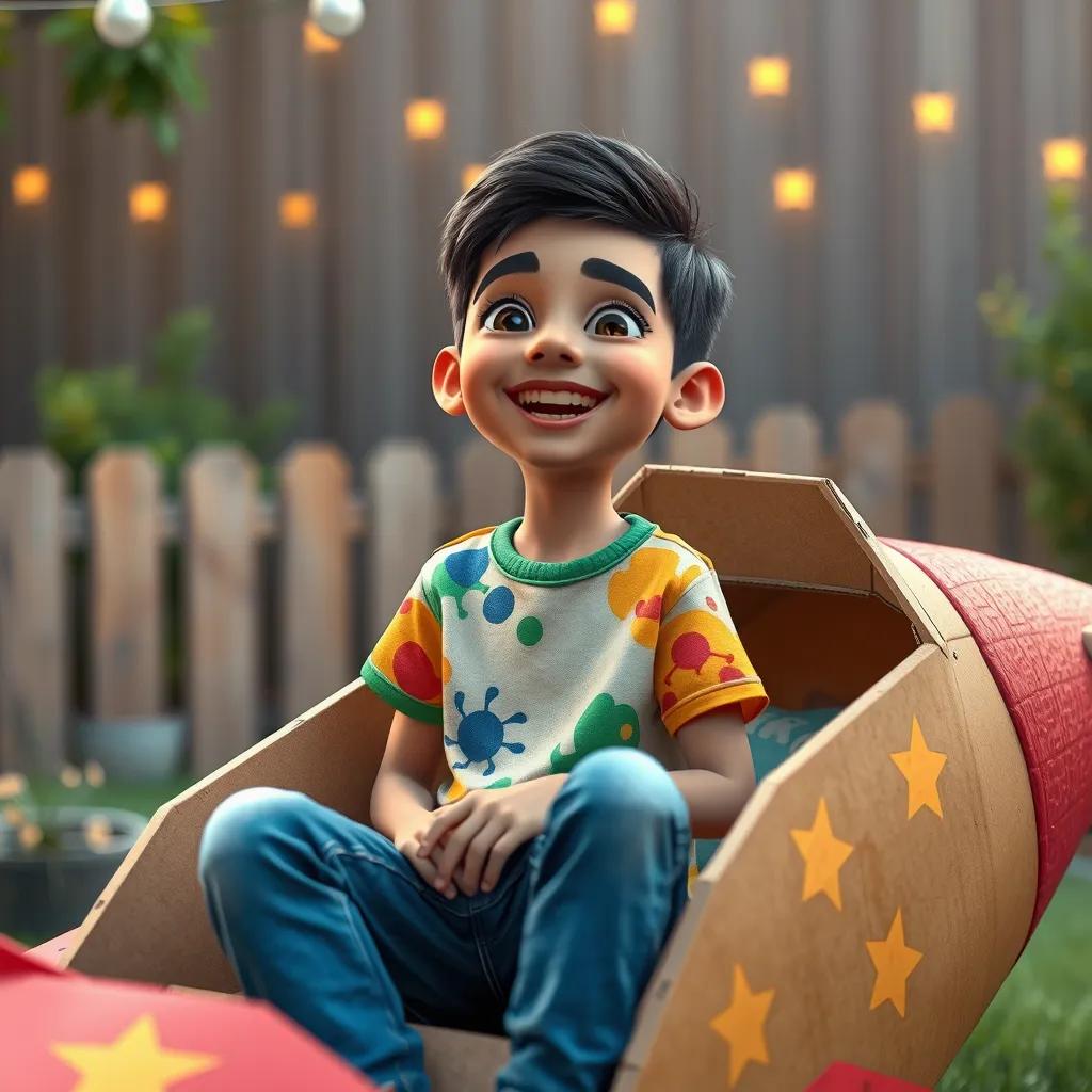 A young Arab boy, Sami, with short black hair, wearing a colorful t-shirt and jeans, sitting inside a cardboard rocket in his backyard decorated with stars, smiling excitedly, digital art, vibrant colors, joyful atmosphere, high quality