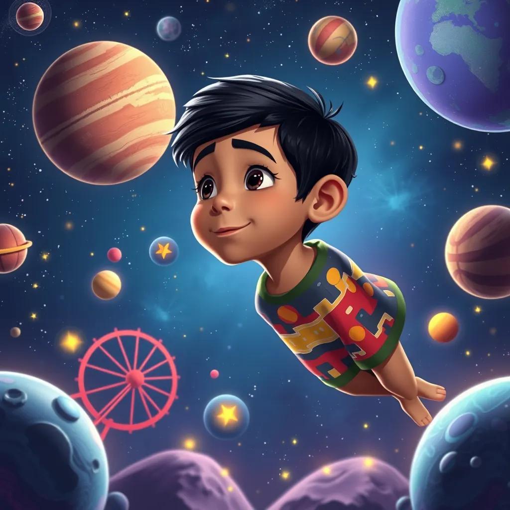 Sami, a young Arab boy, with short black hair and colorful t-shirt, floating among colorful planets, admiring a basketball planet and a ferris wheel planet, glowing stars around him, digital painting, imaginative, enchanting