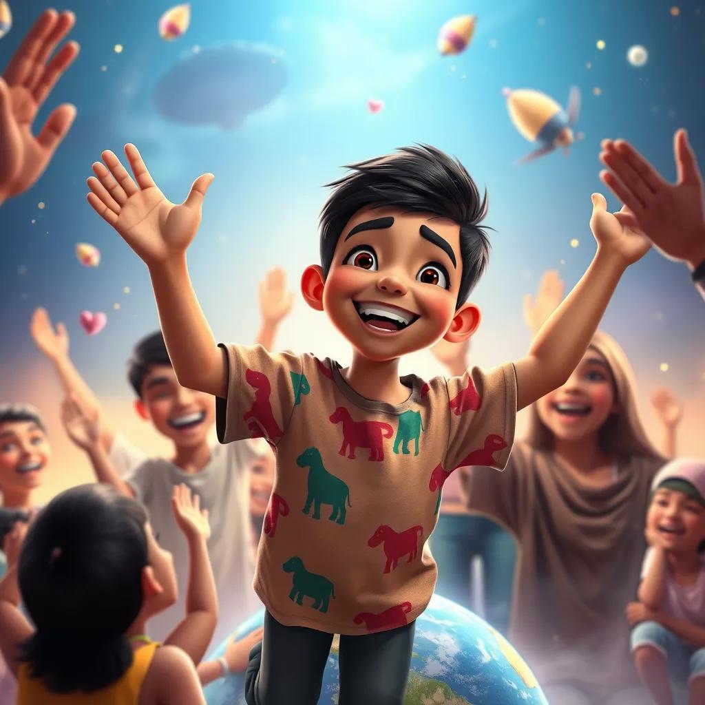Sami, a young Arab boy, with short black hair in a colorful t-shirt, joyfully landing back on Earth, surrounded by friends and family who are welcoming him with cheer, heartwarming, rich colors, uplifting imagery