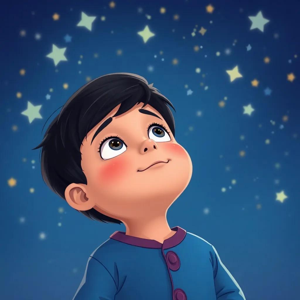 A child named Sami with dark hair, wearing blue pajamas, looking up at the night sky filled with stars, a dreamy expression on his face, colorful illustrations, bright colors, whimsical atmosphere, high quality