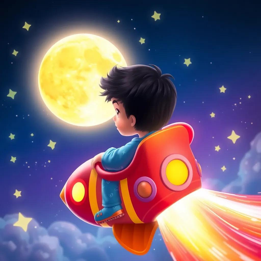 Sami, a young boy with dark hair in blue pajamas, riding in a colorful rocket ship towards a glowing moon, with stars swirling around, magical scene, vibrant colors, fantastic perspective, child-friendly