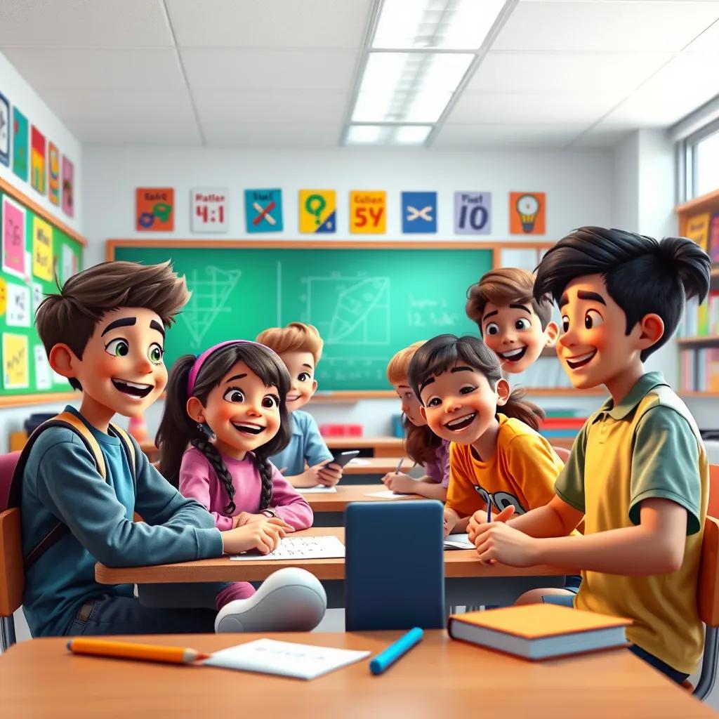 A group of happy smart students in a vibrant classroom, working collaboratively on a math problem, colorful posters on walls, bright lighting, cheerful atmosphere, digital art, high quality
