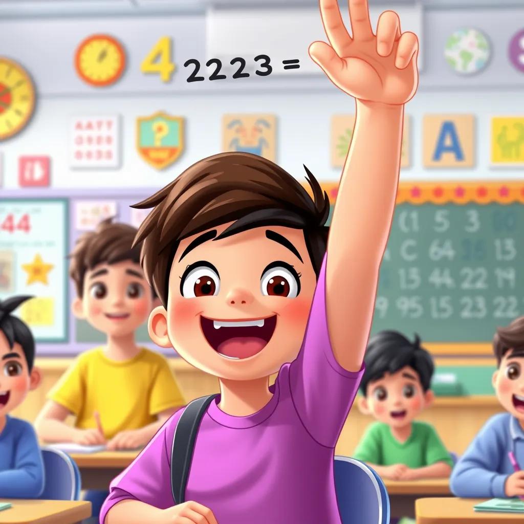 An excited student raising his hand with a big smile, revealing the solution to a difficult math problem, other students listening closely, colorful classroom decor, friendly vibe, illustration, cheerful, engaging