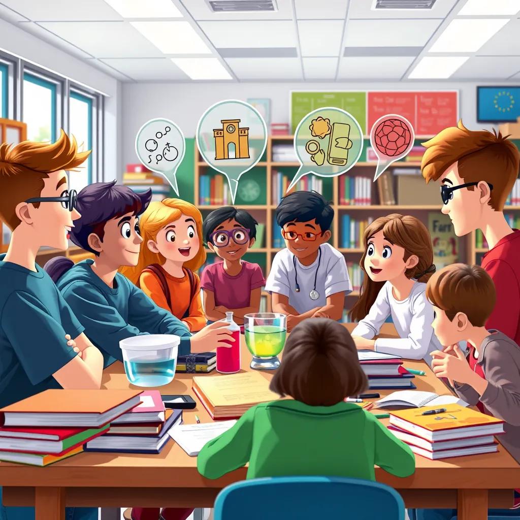 A brainstorming session among smart students, discussing ideas for a science fair project, surrounded by books and materials, bright classroom, teamwork, vibrant colors, digital art