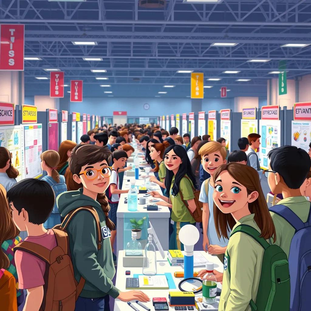 A bustling science fair event showcasing student projects, students proudly presenting their work to visitors, colorful displays, animated crowd, bright lighting, joyful expressions, illustration, inspiring