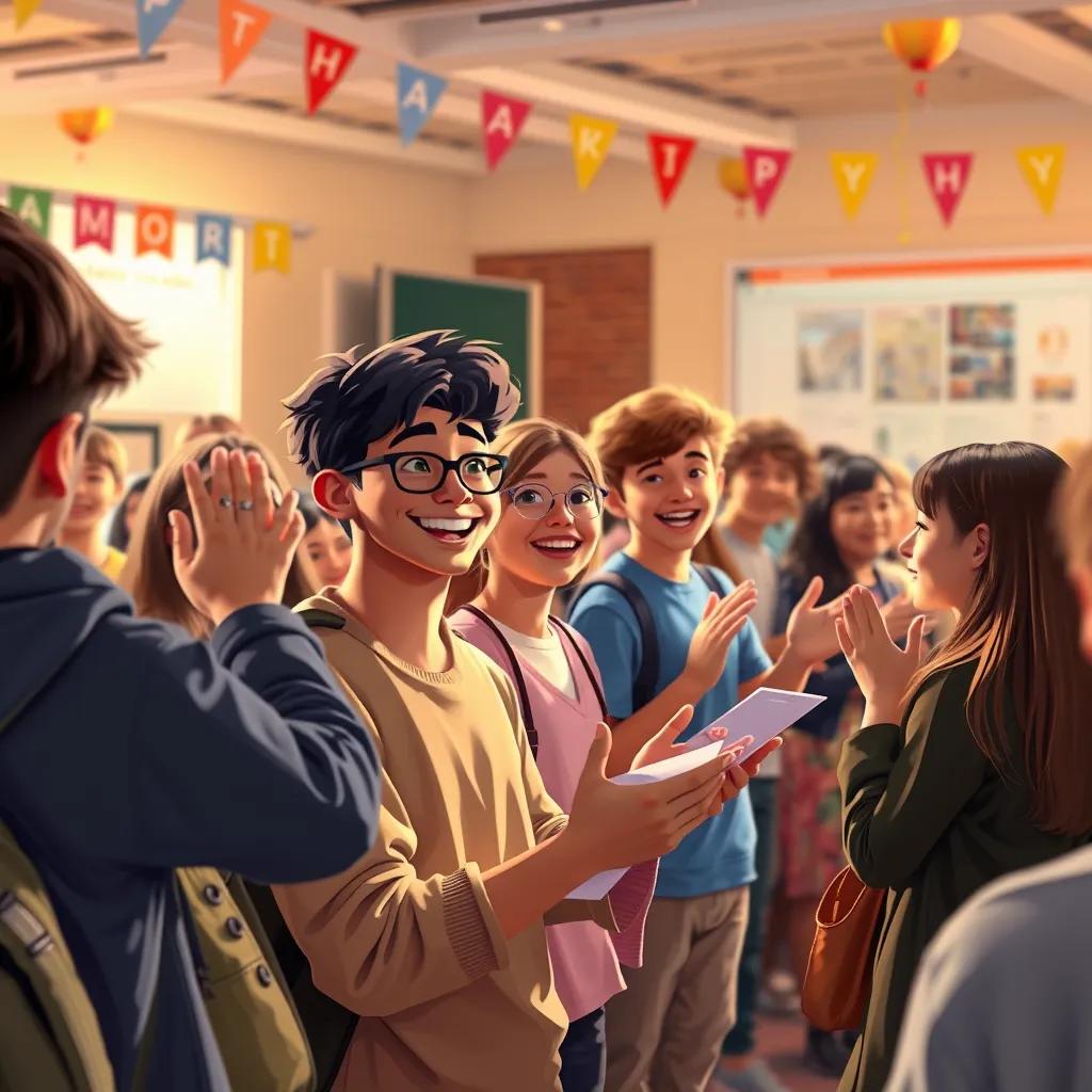 Students celebrating successful project presentations, receiving applause from visitors, exciting and proud moments, colorful banners and decorations, happy faces, digital painting, warm light, uplifting atmosphere