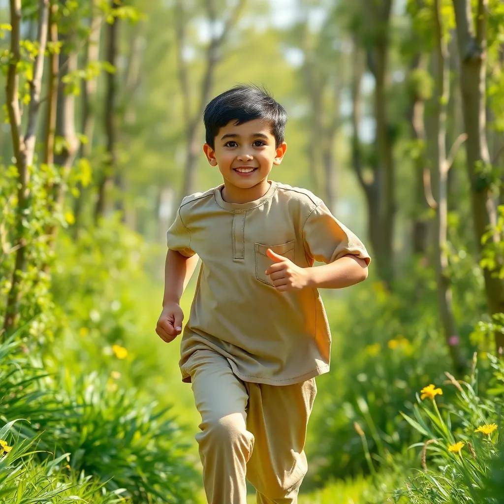 A young Arab boy, Talal, with short black hair wearing a simple shirt and pants, running with determination through a bright green forest, joyful atmosphere, vibrant colors, child-friendly, high quality
