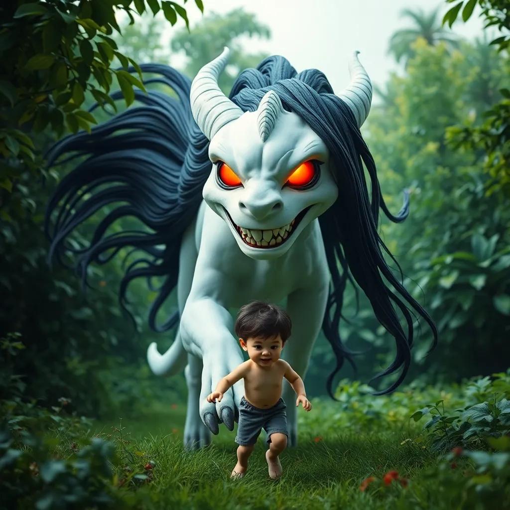 A mythical creature, a جهنمية with long black hair and glowing red eyes, smiling eerily while chasing after a small boy in a lush green environment, playful yet mysterious, surreal tone, vibrant, high quality