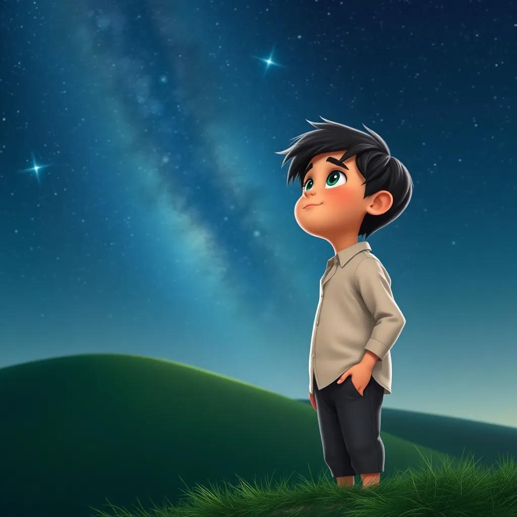 A young Arab boy, Samer, with short dark hair, wearing a simple shirt and pants, standing at the edge of a green hill, looking up at a starry night sky, digital art, magical atmosphere, high quality