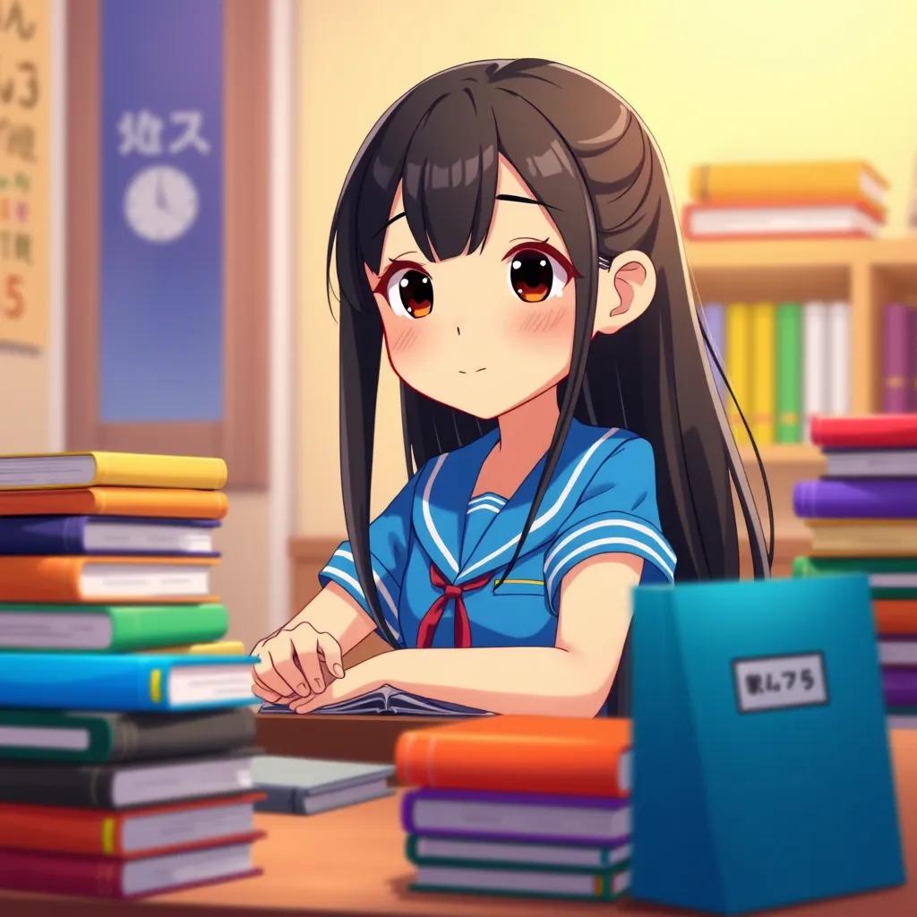 A diligent girl, طيف, with long black hair, wearing a bright blue school uniform, sitting at a desk surrounded by colorful books, digital art, vibrant colors, focused atmosphere, high quality
