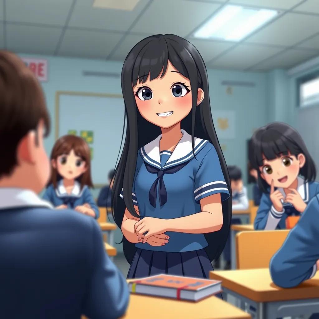طيف, a diligent girl with long black hair in a blue school uniform, helping her friends with their studies in a bright classroom, cheerful mood, engaging environment, high quality