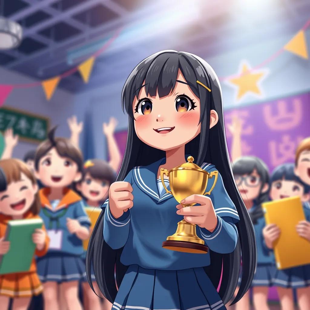 طيف, a diligent girl with long black hair, in a blue school uniform, winning a reading competition with a trophy in her hands, surrounded by happy classmates, colorful setting, joyful atmosphere, high quality