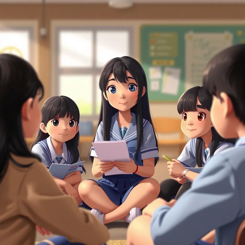 طيف, a diligent girl with long black hair in a blue school uniform, sharing her study tips with classmates sitting in a circle, focused faces, warm light, encouraging vibe, high quality