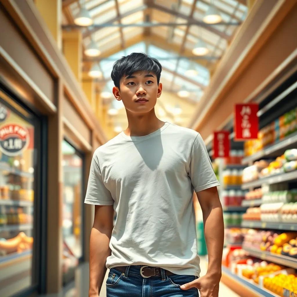 A young man, Lio Shan, with short black hair, wearing a casual t-shirt and jeans, shopping at a supermarket under bright sunlight, digital art, vivid colors, inviting atmosphere, high quality