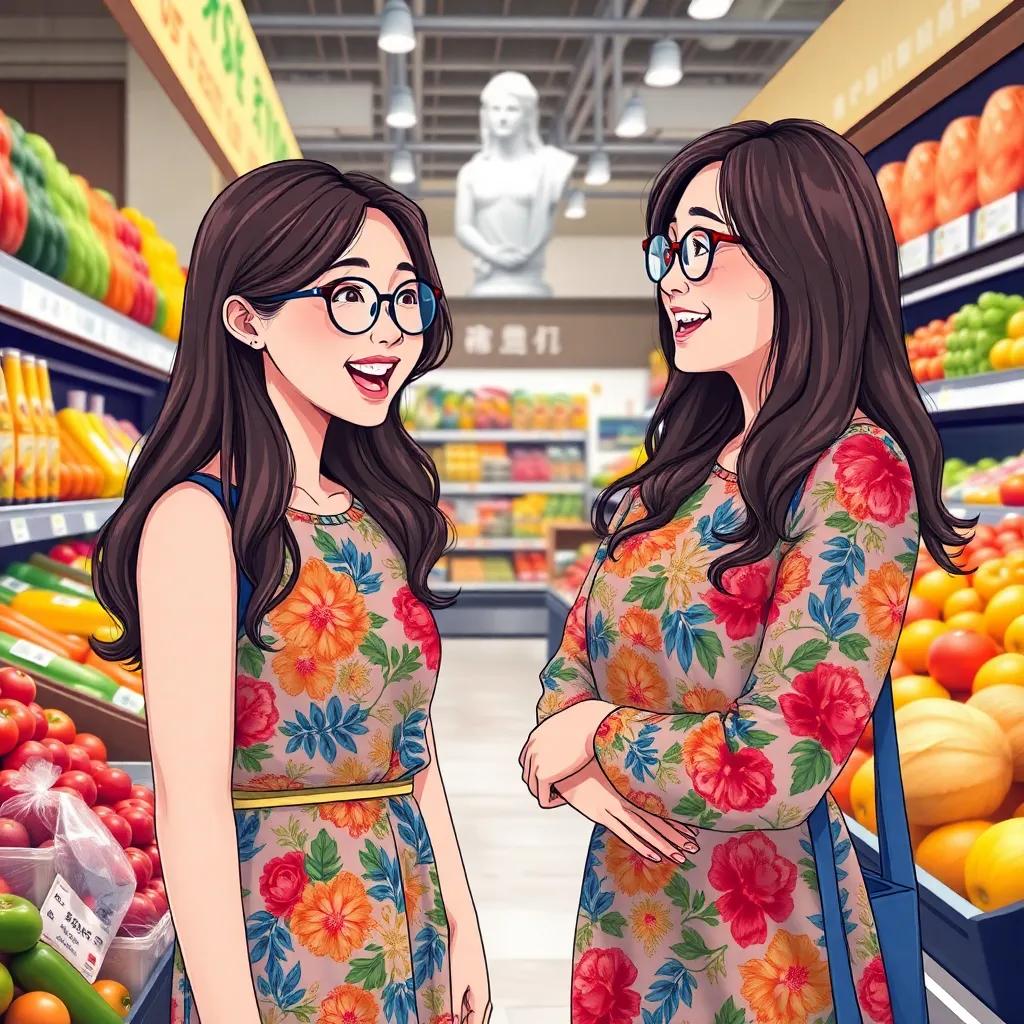 A young woman, Jing Long, with long wavy hair, wearing a colorful dress and glasses, discussing excitedly with Lio Shan in the supermarket's fresh produce section, cheerful, detailed illustration, vibrant color tones, high quality