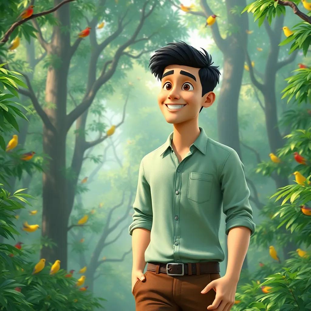 A handsome man named Sami, with short dark hair and a bright smile, walking in a dense forest filled with green trees and colorful birds, wearing a light green shirt and brown pants, cheerful atmosphere, highly detailed