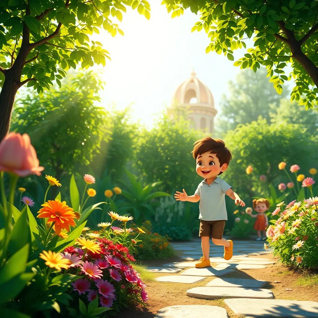 A bright garden with sunlight shining down, a child playing joyfully with their shadow dancing beside them, lush greenery and colorful flowers, cheerful, digital art, vibrant colors, warm light, high quality