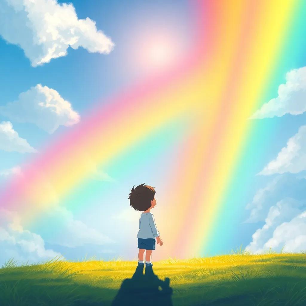 A beautiful rainbow appearing in the sky above the child and their shadow, showcasing vibrant colors blending together, magical atmosphere, enchanting scenery, illustration, colorful, child-friendly