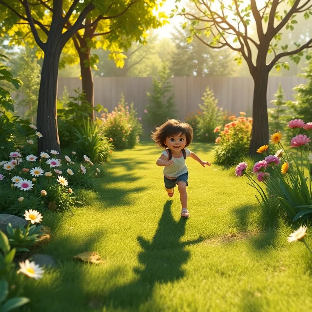 A playful scene of the child running through the garden with their shadow matching every movement, careful details of flowers and trees alongside, adventure feel, dynamic composition, high quality