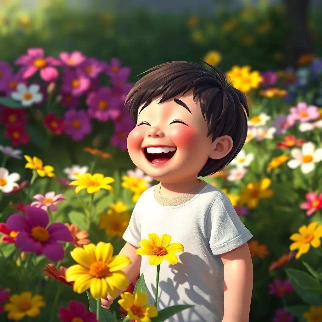 The child laughing with flowers around them, and their shadow blending in with colorful blossoms, vibrant garden scene, joyful interaction, artful, cheerful